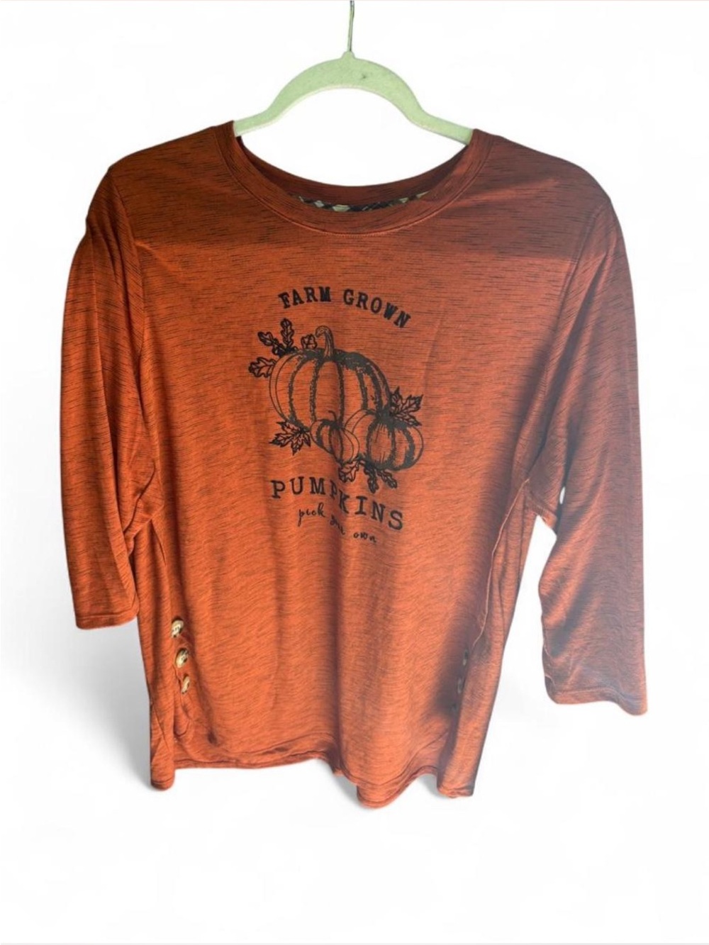 Rustic Fall pumpkin farm woman’s tee shirt 3/4 sleeves 1X Autumn season